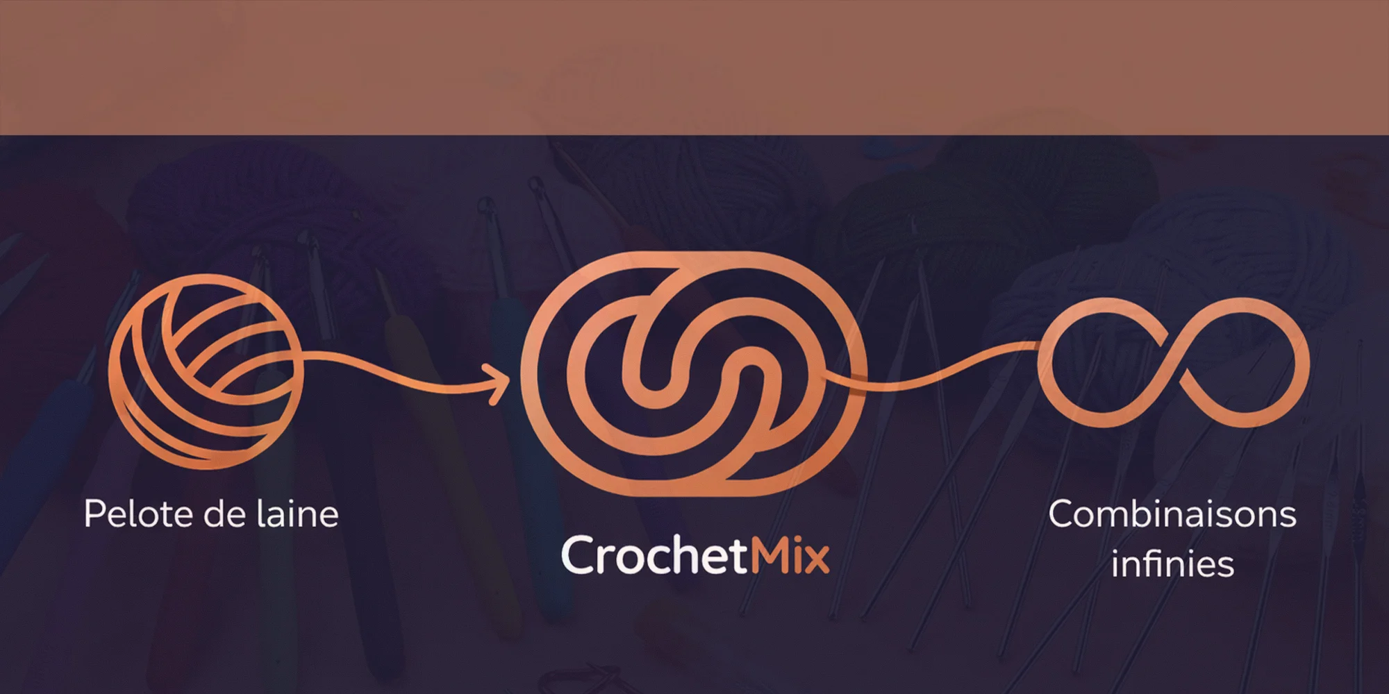 Nouveau logo CrochetMix générateur patron amigurumi personnalisable — symbole infini pelote de laine corail